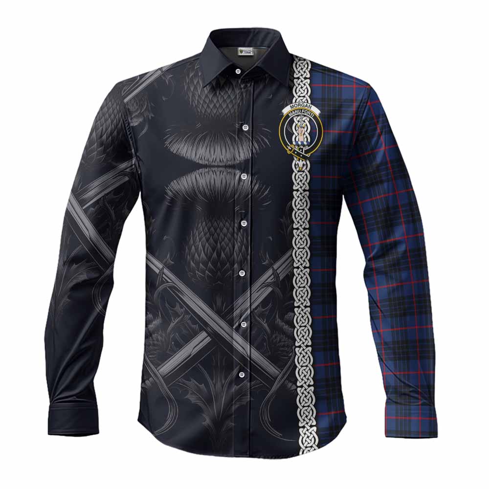 Tartan Vibes Clothing Morgan Tartan Long Sleeve Button Shirt with Family Crest Cross Sword Thistle Celtic Vibes