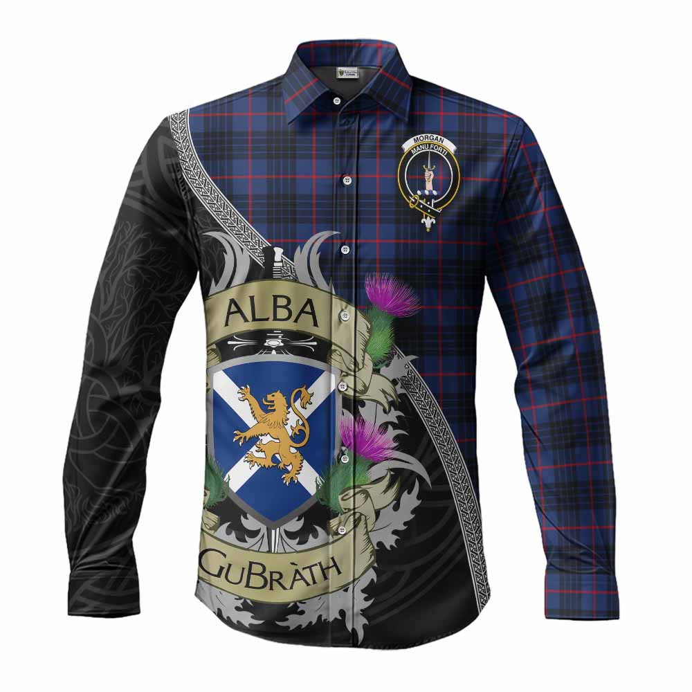 Morgan Tartan Family Crest Long Sleeve Button Shirt Lion Rampant Royal Thistle Shield Celtic Inspired Men's Shirt S - Tartan Vibes Clothing