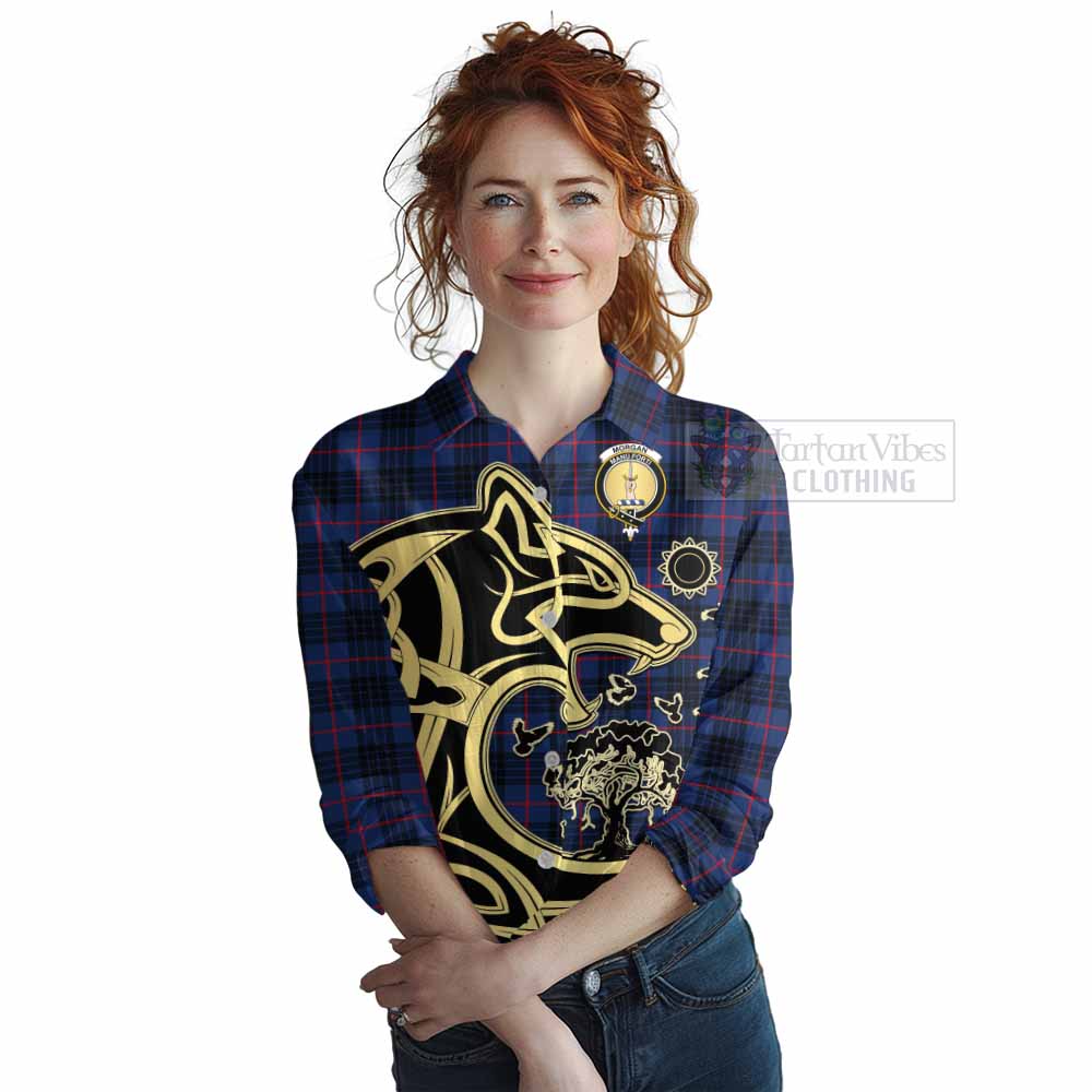 Morgan Tartan Women's Casual Shirt with Family Crest Celtic Wolf Style Female - Tartan Vibes Clothing