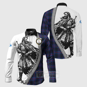 Morgan Tartan Clan Crest Long Sleeve Button Shirt with Highlander Warrior Celtic Style Men's Shirt S - Tartan Vibes Clothing