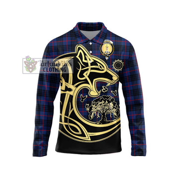 Morgan Tartan Long Sleeve Polo Shirt with Family Crest Celtic Wolf Style