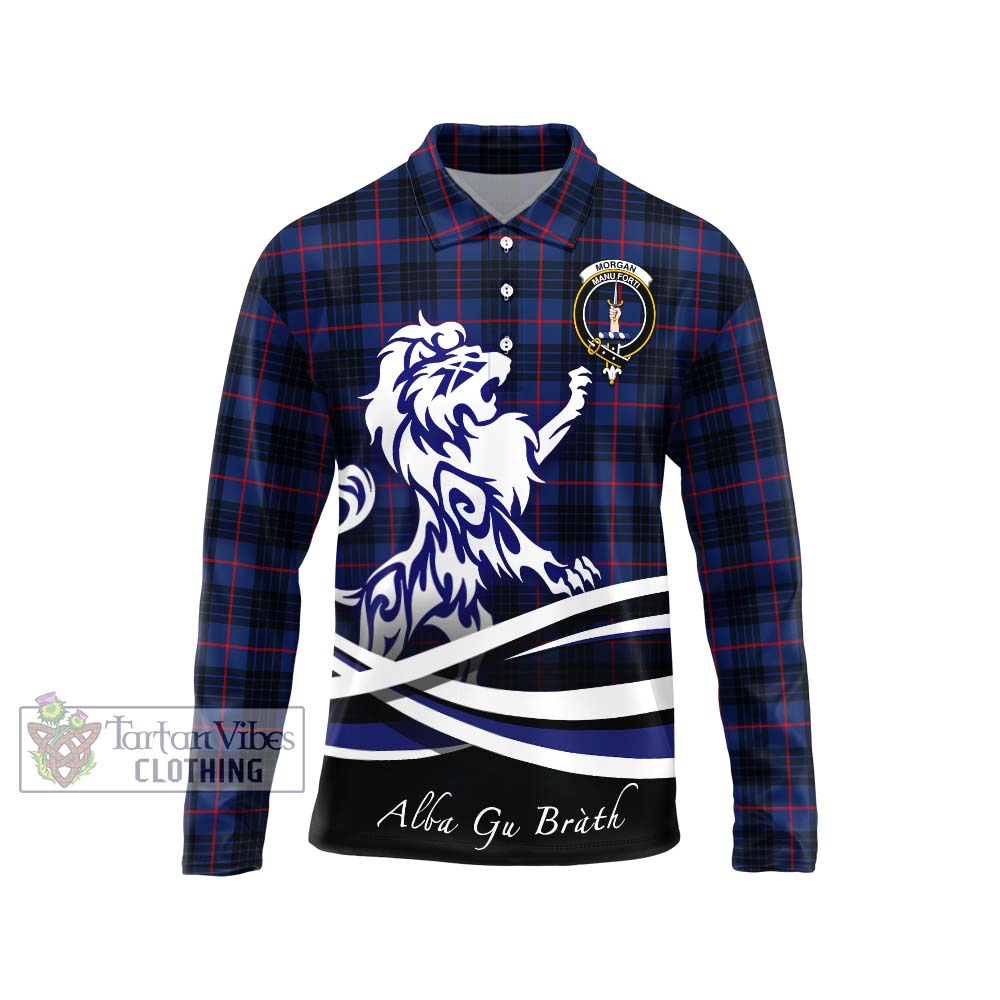 Morgan Tartan Long Sleeve Polo Shirt with Alba Gu Brath Regal Lion Emblem Unisex - Tartan Vibes Clothing