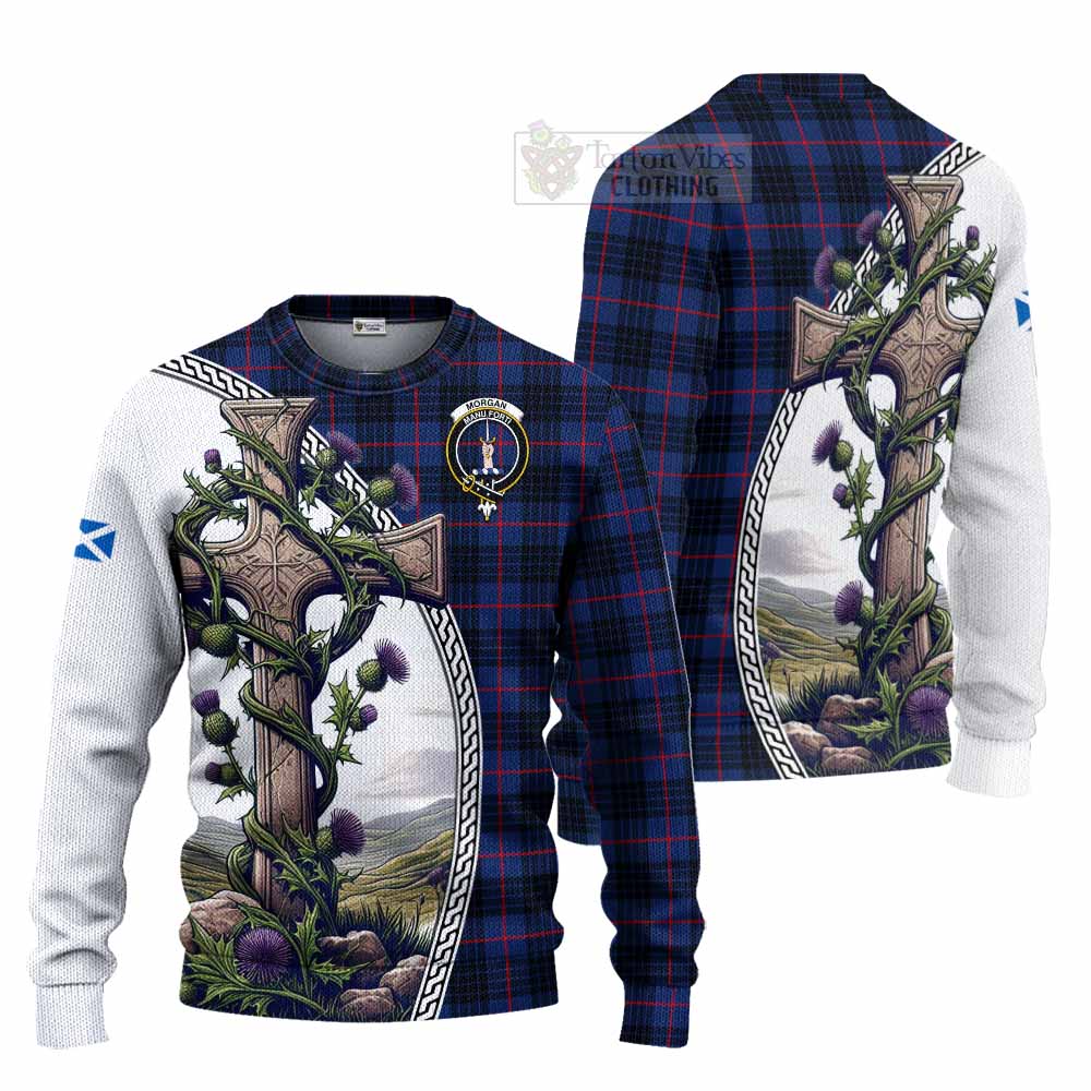 Morgan Tartan Knitted Sweater with Family Crest and St. Andrew's Cross Accented by Thistle Vines Unisex - Tartan Vibes Clothing