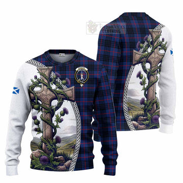 Morgan Tartan Knitted Sweater with Family Crest and St. Andrew's Cross Accented by Thistle Vines Unisex - Tartan Vibes Clothing