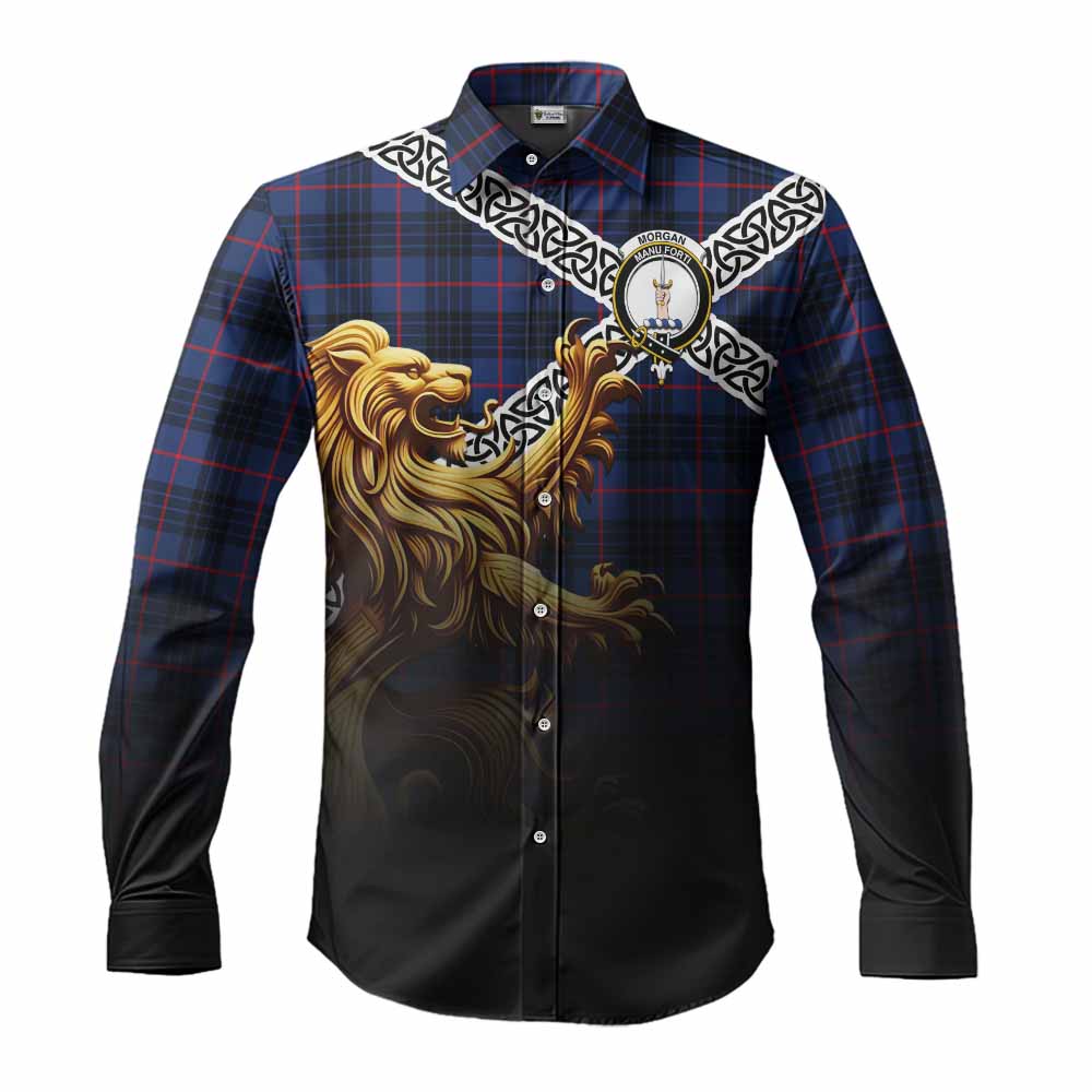 Morgan Crest Tartan Long Sleeve Button Shirt with Golden Lion Emblem Celtic Style Men's Shirt S - Tartan Vibes Clothing