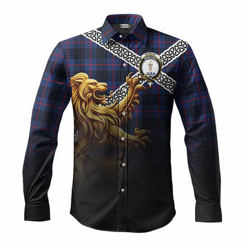Morgan Crest Tartan Long Sleeve Button Shirt with Golden Lion Emblem Celtic Style Men's Shirt S - Tartan Vibes Clothing