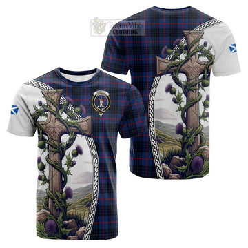 Morgan Tartan Cotton T-shirt with Family Crest and St. Andrew's Cross Accented by Thistle Vines Kid's Shirt - Tartan Vibes Clothing