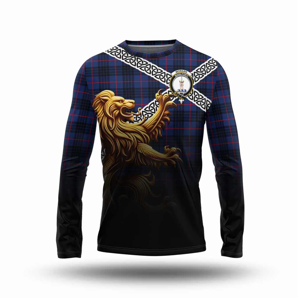Morgan Crest Tartan Long Sleeve T-Shirt with Golden Lion Emblem Celtic Style Unisex - Tartan Vibes Clothing