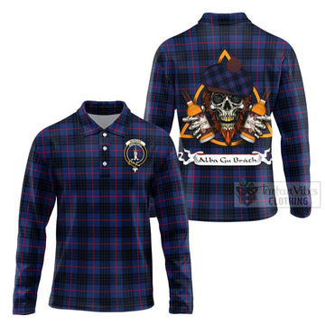 Morgan Tartan Long Sleeve Polo Shirt with Family Crest and Bearded Skull Holding Bottles of Whiskey Unisex - Tartan Vibes Clothing