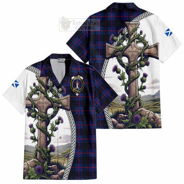 Morgan Tartan Hawaiian Shirt with Family Crest and St. Andrew's Cross Accented by Thistle Vines Kid - Tartan Vibes Clothing