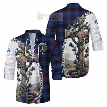 Morgan Tartan Ghillie Kilt Shirt with Family Crest and St. Andrew's Cross Accented by Thistle Vines Men - Tartan Vibes Clothing