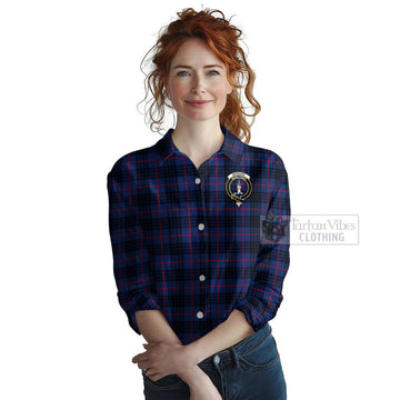 Morgan Tartan Women's Casual Shirt with Family Crest and Bearded Skull Holding Bottles of Whiskey Female - Tartan Vibes Clothing