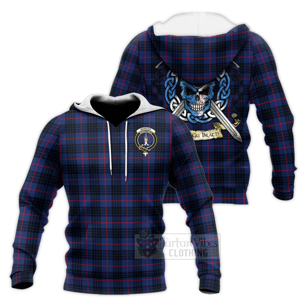 Morgan Tartan Knitted Hoodie with Family Crest Celtic Skull Style Unisex Knitted Pullover Hoodie - Tartan Vibes Clothing