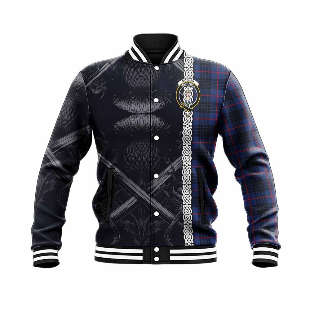 Morgan Tartan Baseball Jacket with Family Crest Cross Sword Thistle Celtic Vibes Unisex - Tartan Vibes Clothing