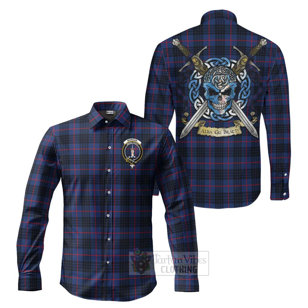 Morgan Tartan Long Sleeve Button Shirt with Family Crest Celtic Skull Style Men's Shirt S - Tartan Vibes Clothing