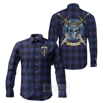 Morgan Tartan Long Sleeve Button Shirt with Family Crest Celtic Skull Style Men's Shirt S - Tartan Vibes Clothing