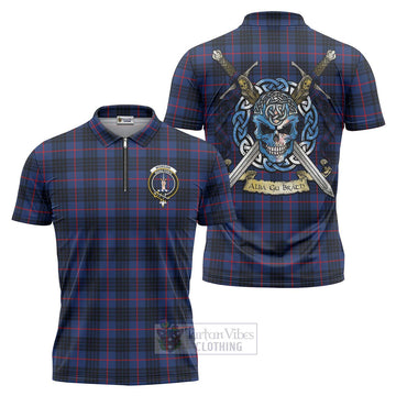 Morgan Tartan Zipper Polo Shirt with Family Crest Celtic Skull Style Unisex - Tartan Vibes Clothing