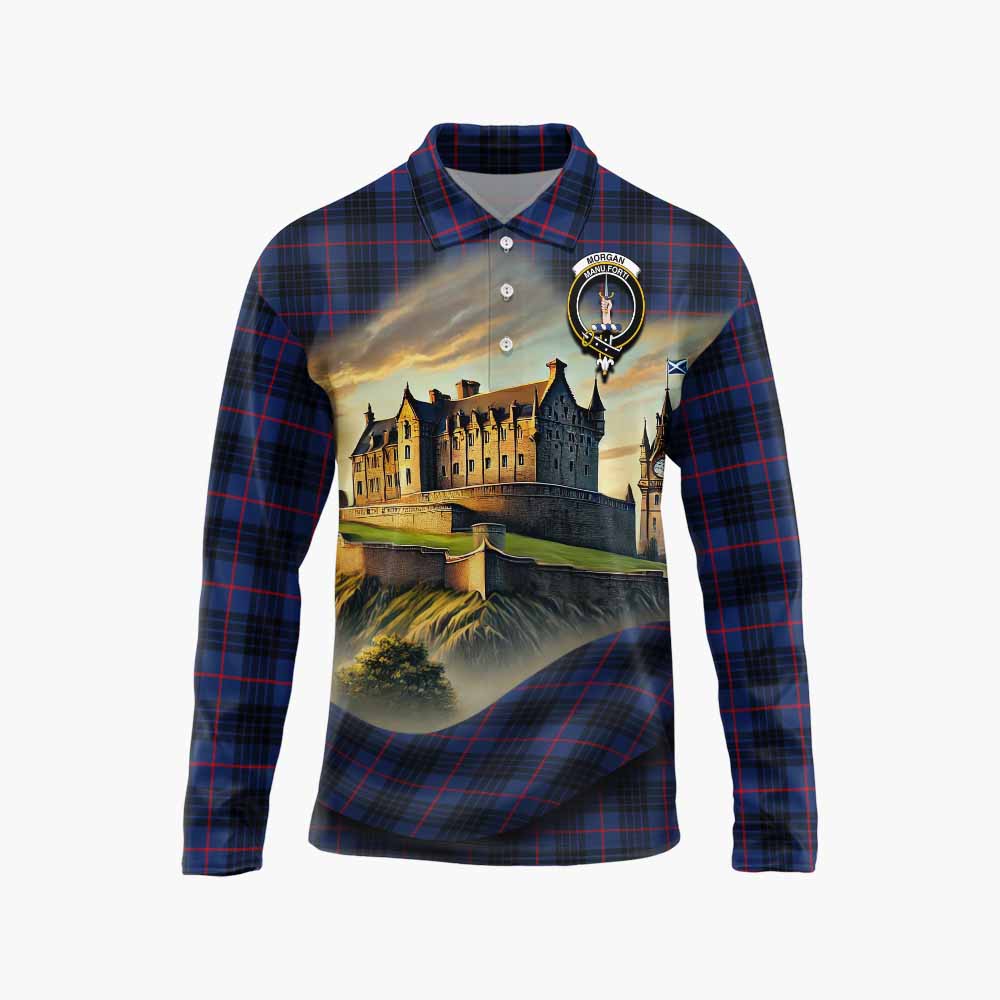Morgan Tartan Family Crest Long Sleeve Polo Shirt with Scottish Ancient Castle Style Unisex - Tartan Vibes Clothing