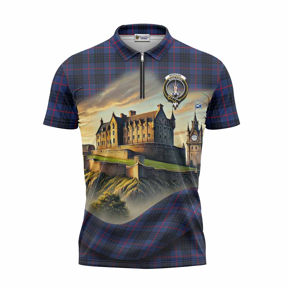 Morgan Tartan Family Crest Zipper Polo Shirt with Scottish Ancient Castle Style Unisex - Tartan Vibes Clothing