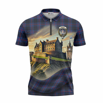 Morgan Tartan Family Crest Zipper Polo Shirt with Scottish Ancient Castle Style Unisex - Tartan Vibes Clothing