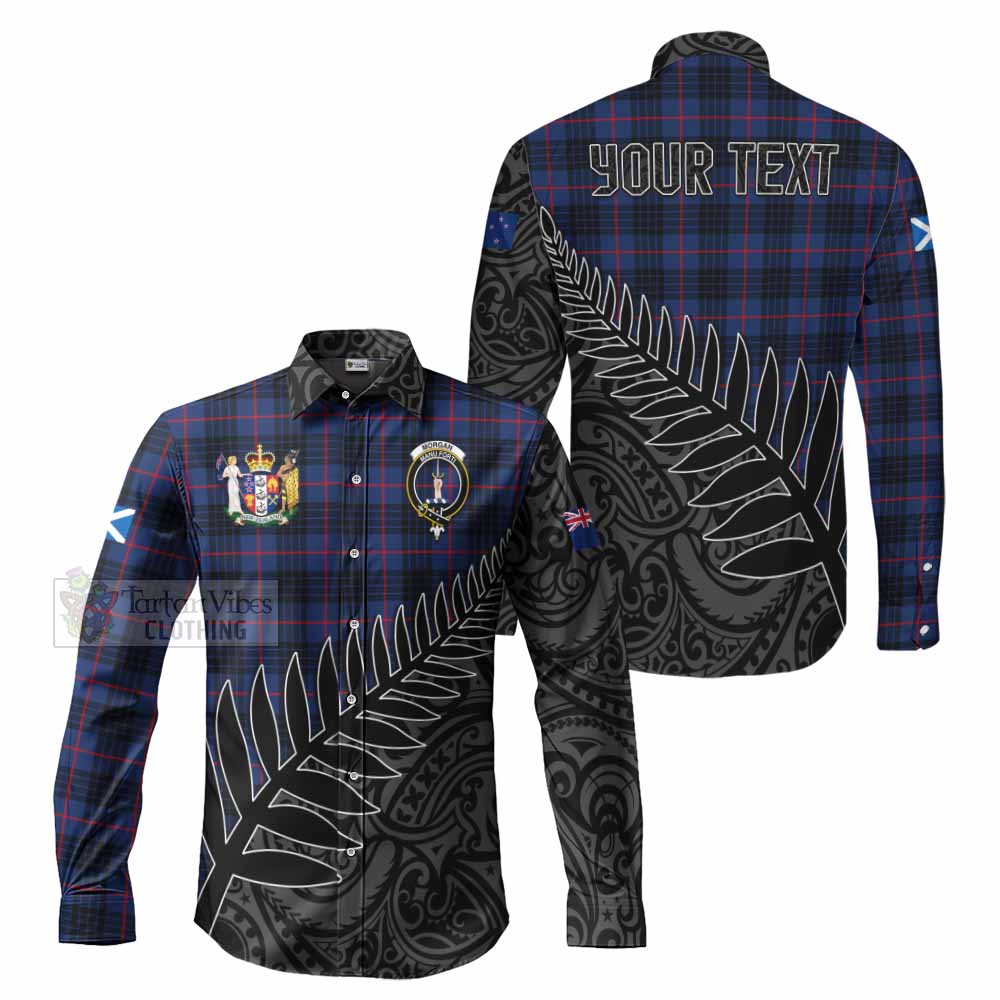 Tartan Vibes Clothing Morgan Crest Tartan Long Sleeve Button Shirt with New Zealand Silver Fern Half Style