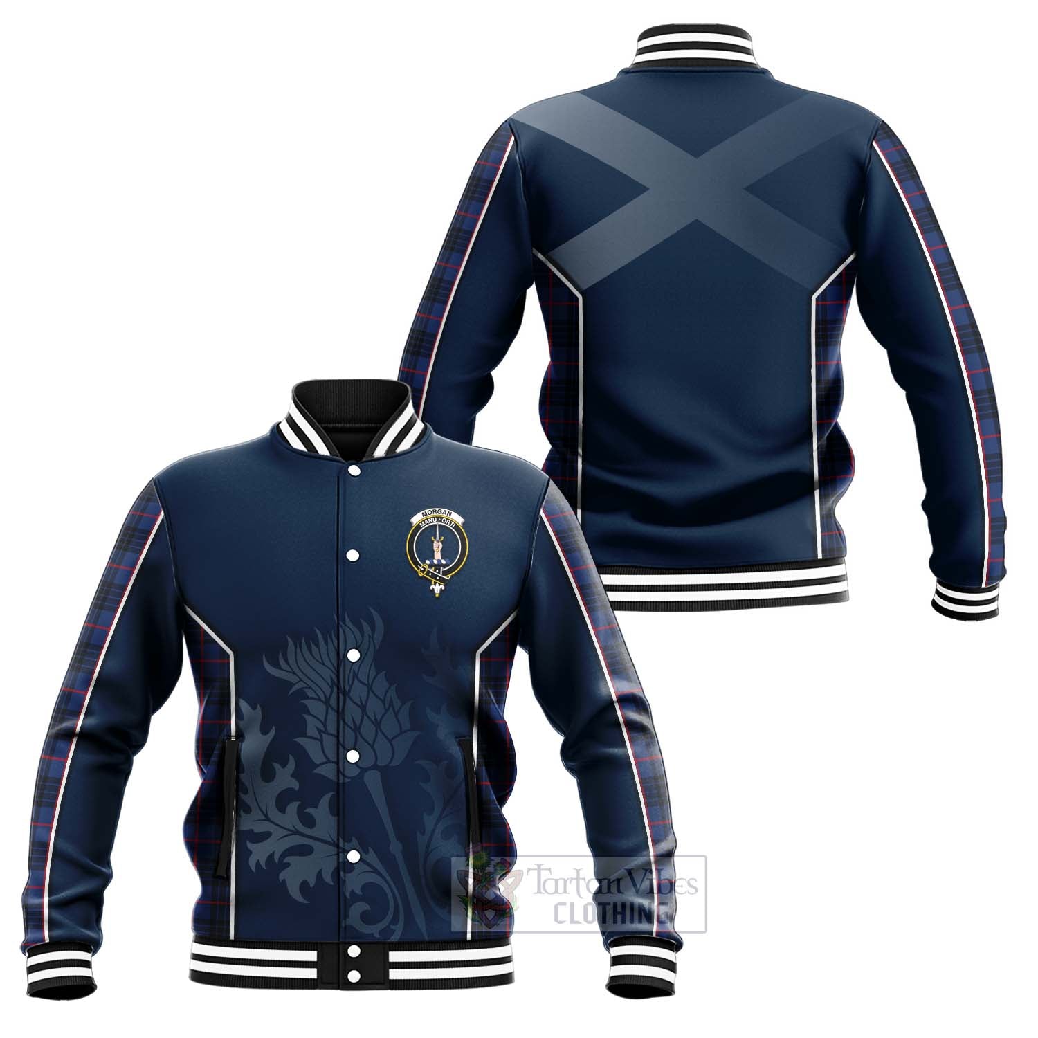 Morgan Tartan Baseball Jacket with Family Crest and Scottish Thistle Vibes Sport Style Unisex - Tartan Vibes Clothing
