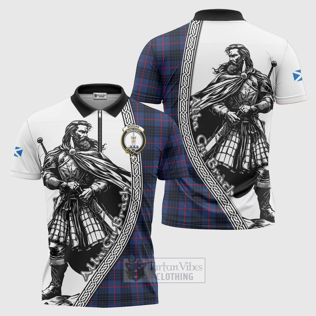 Morgan Tartan Clan Crest Zipper Polo Shirt with Highlander Warrior Celtic Style Unisex - Tartan Vibes Clothing