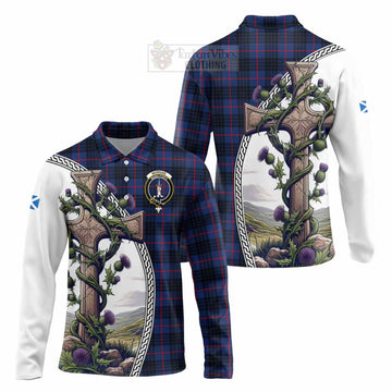 Morgan Tartan Long Sleeve Polo Shirt with Family Crest and St. Andrew's Cross Accented by Thistle Vines Unisex - Tartan Vibes Clothing