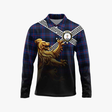Morgan Crest Tartan Long Sleeve Polo Shirt with Golden Lion Emblem Celtic Style Unisex - Tartan Vibes Clothing