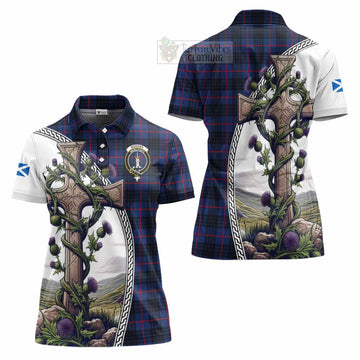 Morgan Tartan Women's Polo Shirt with Family Crest and St. Andrew's Cross Accented by Thistle Vines Women - Tartan Vibes Clothing