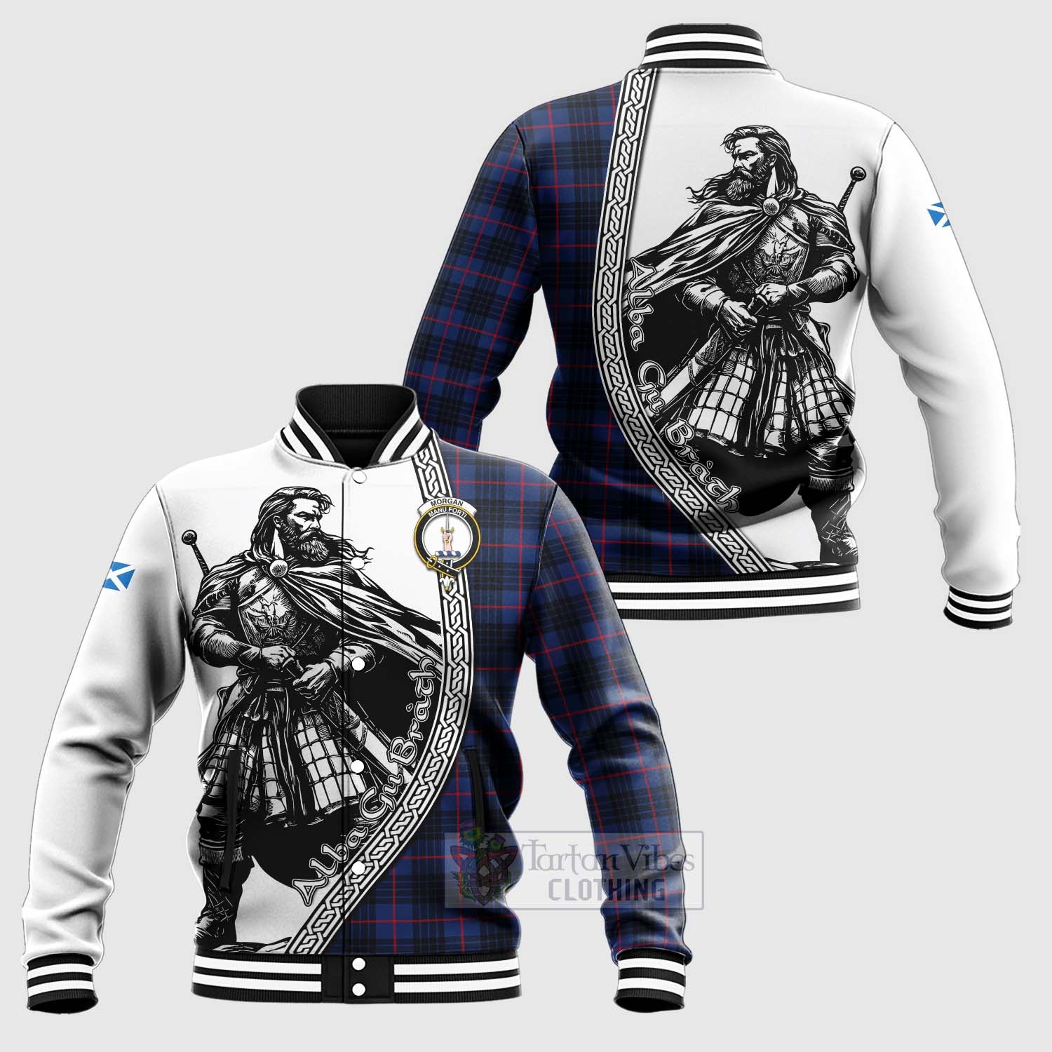 Morgan Tartan Clan Crest Baseball Jacket with Highlander Warrior Celtic Style Unisex - Tartan Vibes Clothing