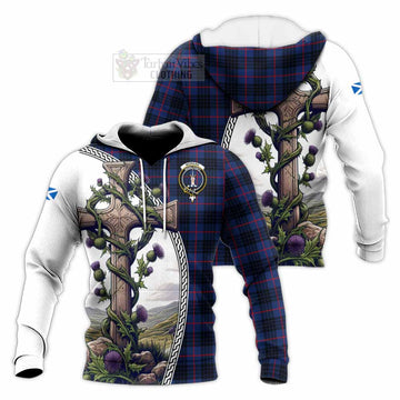 Morgan Tartan Knitted Hoodie with Family Crest and St. Andrew's Cross Accented by Thistle Vines Unisex Knitted Pullover Hoodie - Tartan Vibes Clothing