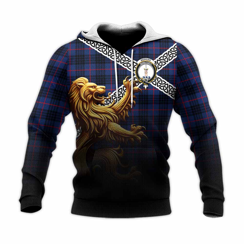 Morgan Crest Tartan Knitted Hoodie with Golden Lion Emblem Celtic Style Unisex Knitted Pullover Hoodie - Tartan Vibes Clothing