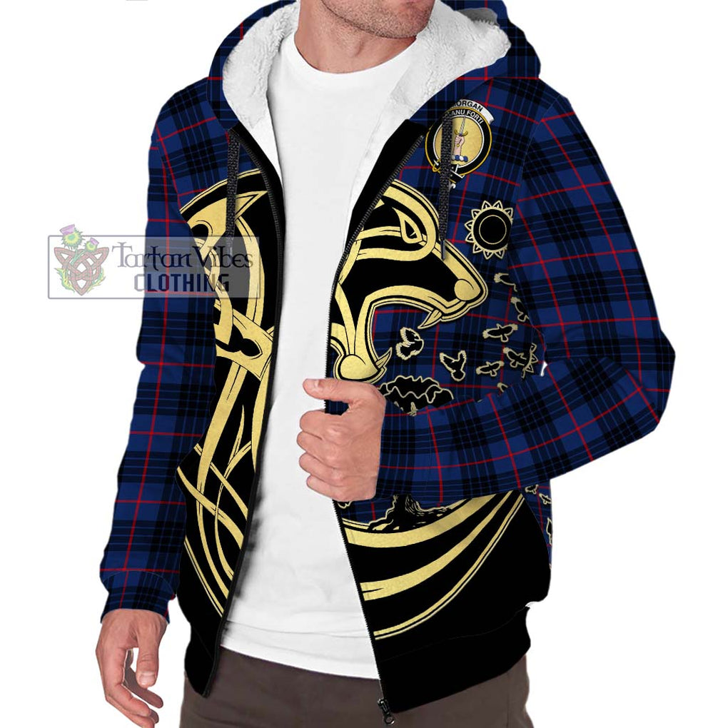 Morgan Tartan Sherpa Hoodie with Family Crest Celtic Wolf Style Unisex S - Tartan Vibes Clothing
