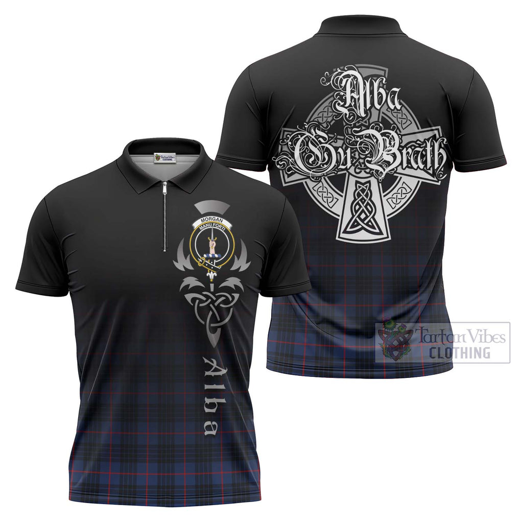 Morgan Tartan Zipper Polo Shirt Featuring Alba Gu Brath Family Crest Celtic Inspired Unisex - Tartan Vibes Clothing