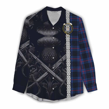 Morgan Tartan Women's Casual Shirt with Family Crest Cross Sword Thistle Celtic Vibes Female - Tartan Vibes Clothing