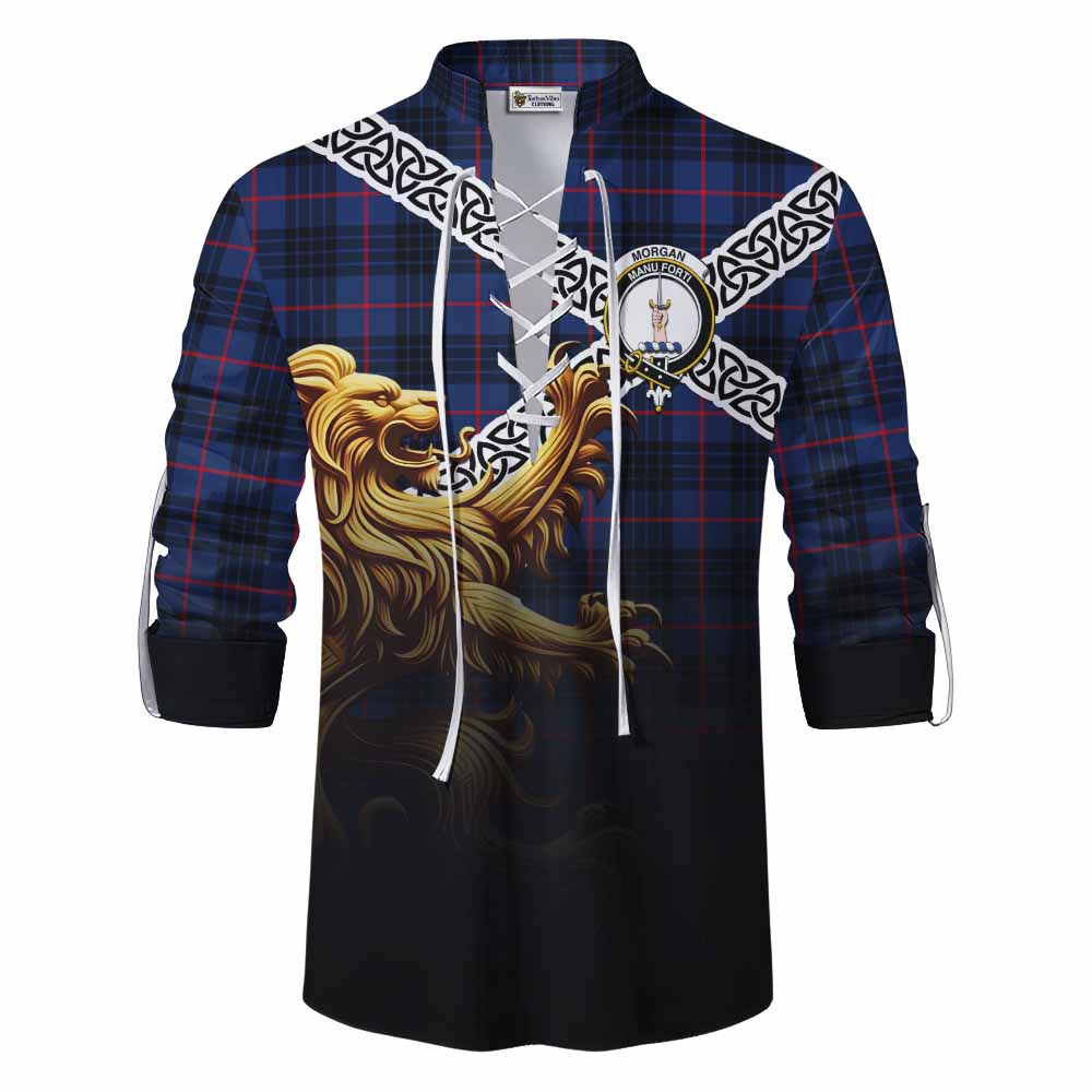 Morgan Crest Tartan Ghillie Kilt Shirt with Golden Lion Emblem Celtic Style Men - Tartan Vibes Clothing