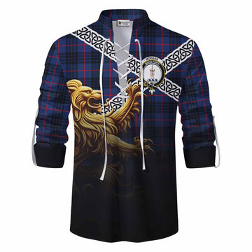 Morgan Crest Tartan Ghillie Kilt Shirt with Golden Lion Emblem Celtic Style Men - Tartan Vibes Clothing
