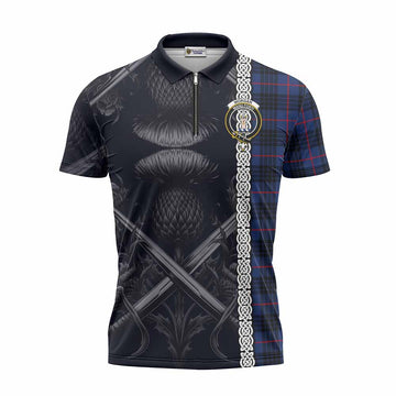 Morgan Tartan Zipper Polo Shirt with Family Crest Cross Sword Thistle Celtic Vibes Unisex - Tartan Vibes Clothing