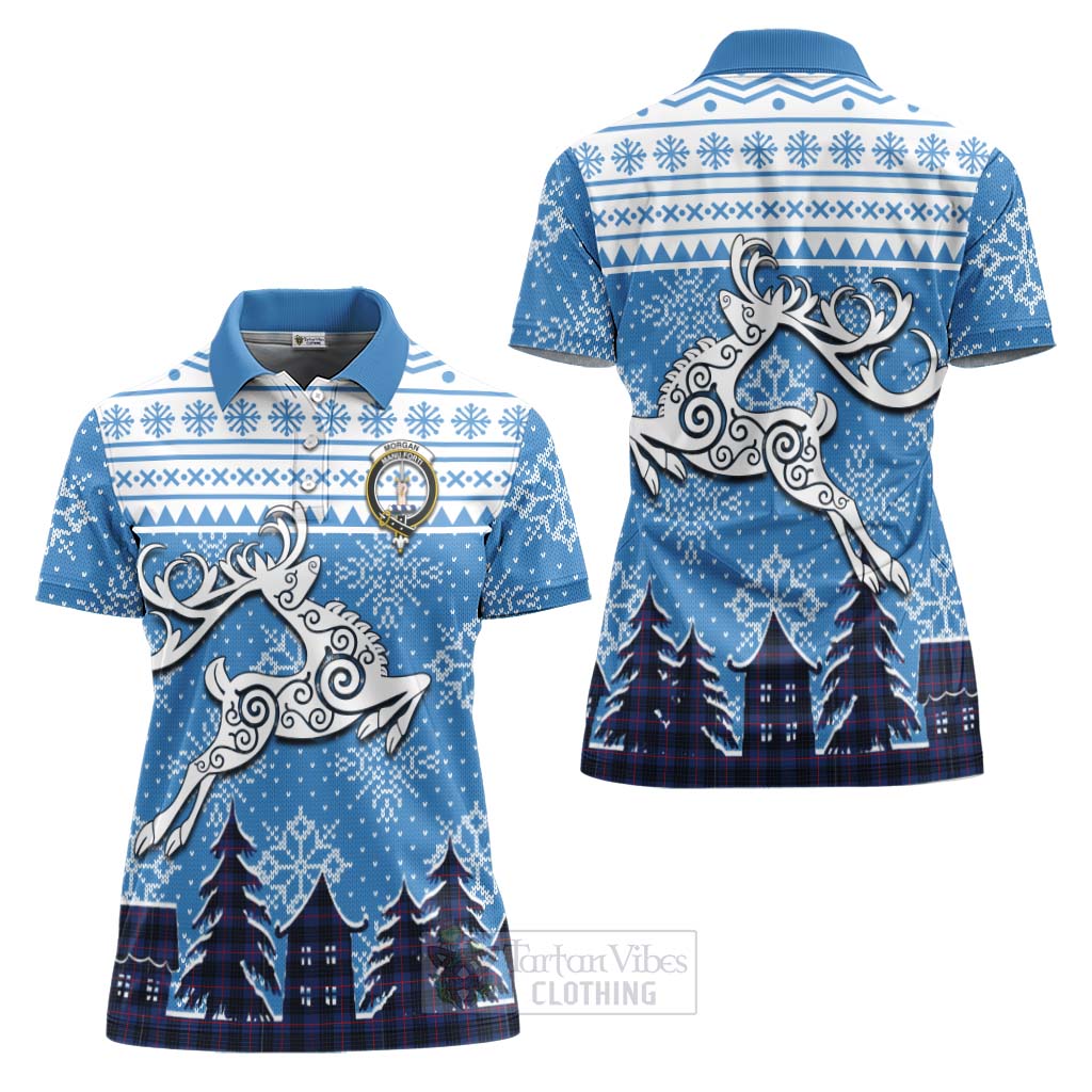 Morgan Clan Christmas Women's Polo Shirt Celtic Reindeer Style Women - Tartan Vibes Clothing