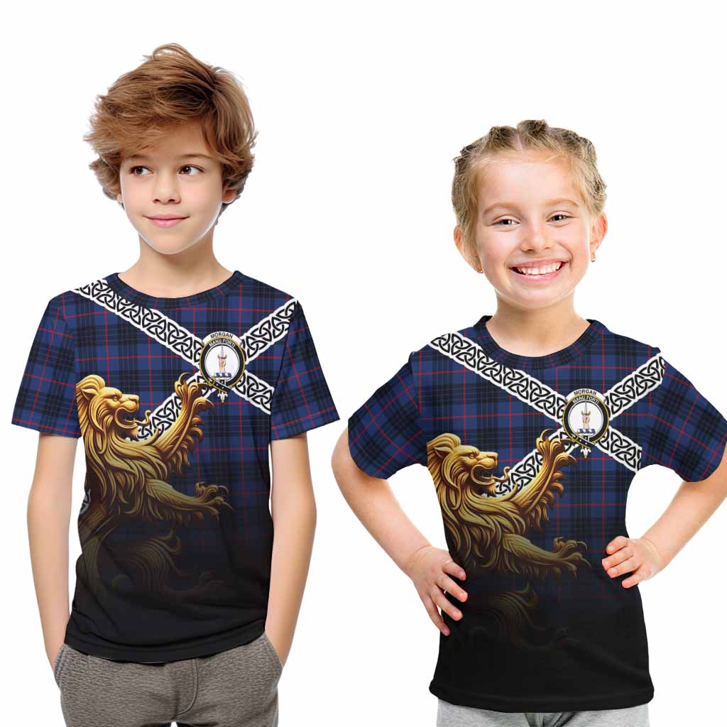 Morgan Crest Tartan Kid T-Shirt with Golden Lion Emblem Celtic Style Youth XL Size14 - Tartan Vibes Clothing