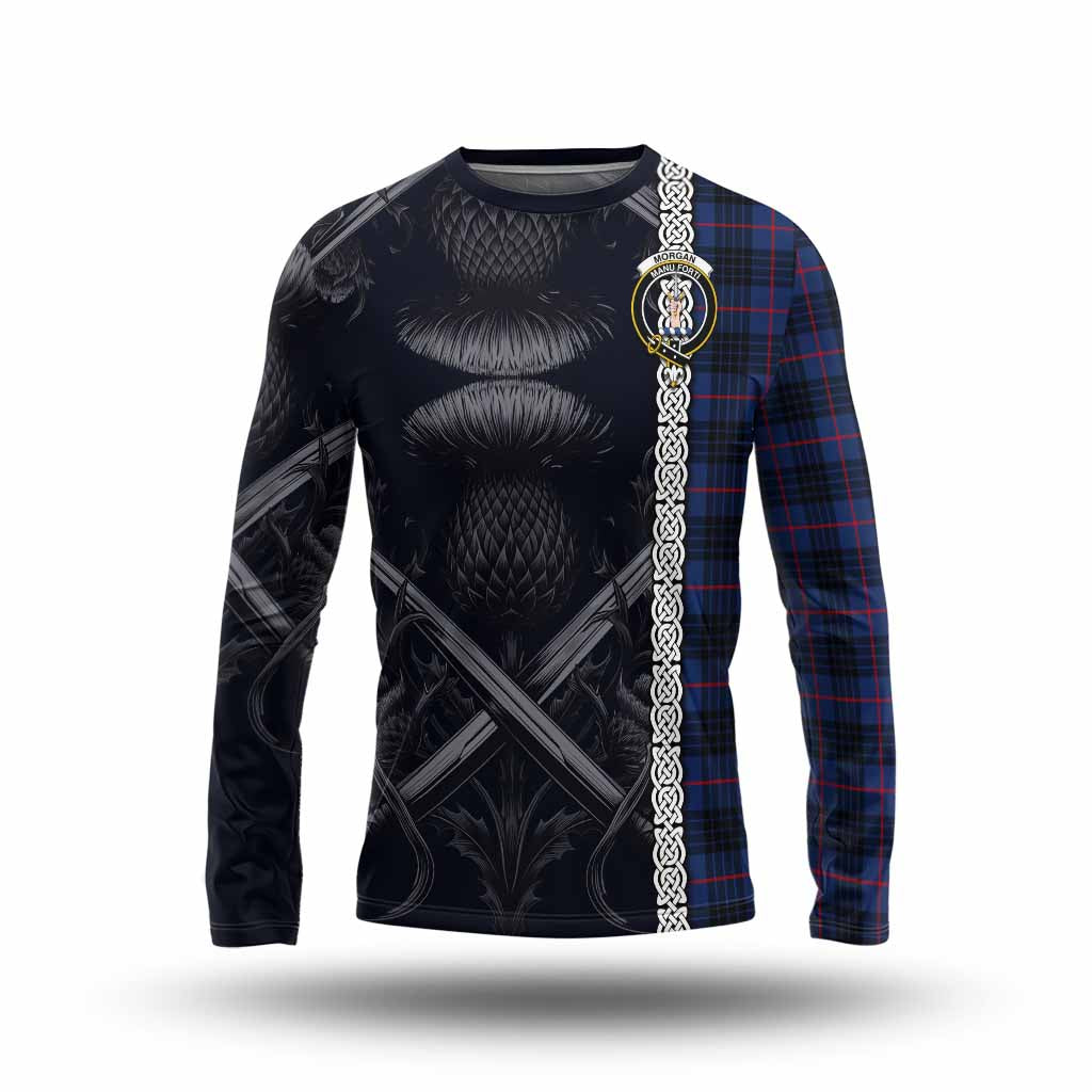 Morgan Tartan Long Sleeve T-Shirt with Family Crest Cross Sword Thistle Celtic Vibes Unisex - Tartan Vibes Clothing