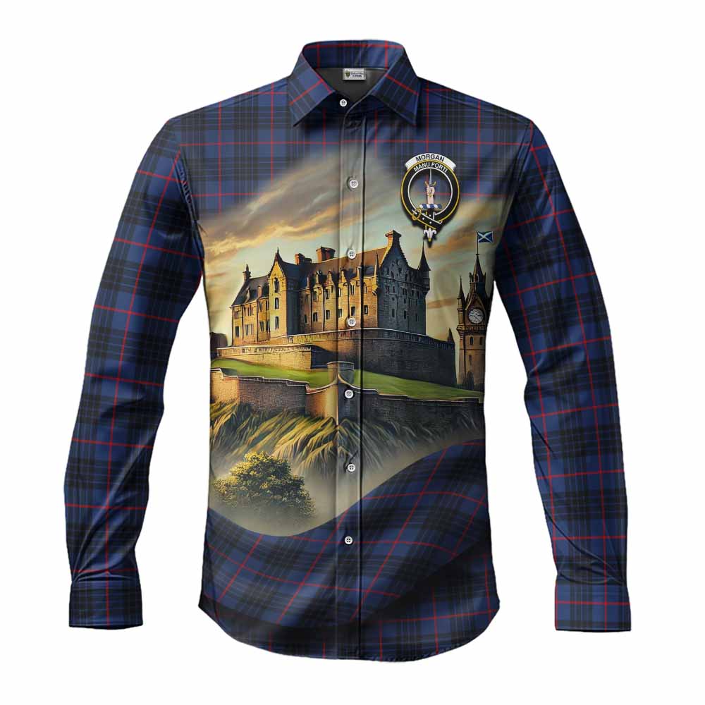 Tartan Vibes Clothing Morgan Tartan Family Crest Long Sleeve Button Shirt with Scottish Ancient Castle Style