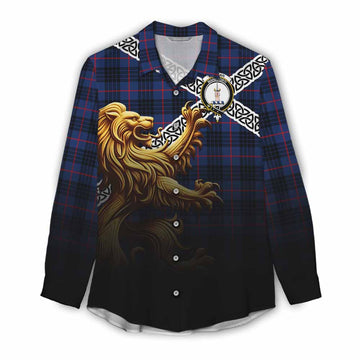 Morgan Crest Tartan Women's Casual Shirt with Golden Lion Emblem Celtic Style Female - Tartan Vibes Clothing