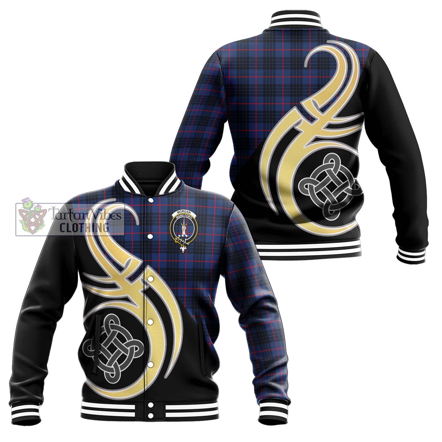 Morgan Tartan Baseball Jacket with Family Crest and Celtic Symbol Style Unisex - Tartan Vibes Clothing