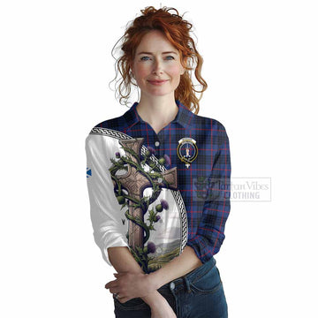 Morgan Tartan Women's Casual Shirt with Family Crest and St. Andrew's Cross Accented by Thistle Vines Female - Tartan Vibes Clothing