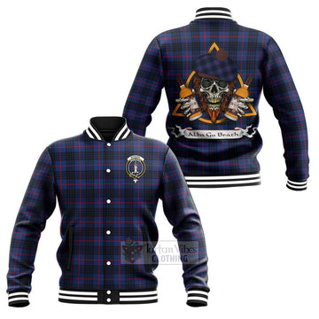 Morgan Tartan Baseball Jacket with Family Crest and Bearded Skull Holding Bottles of Whiskey Unisex - Tartan Vibes Clothing