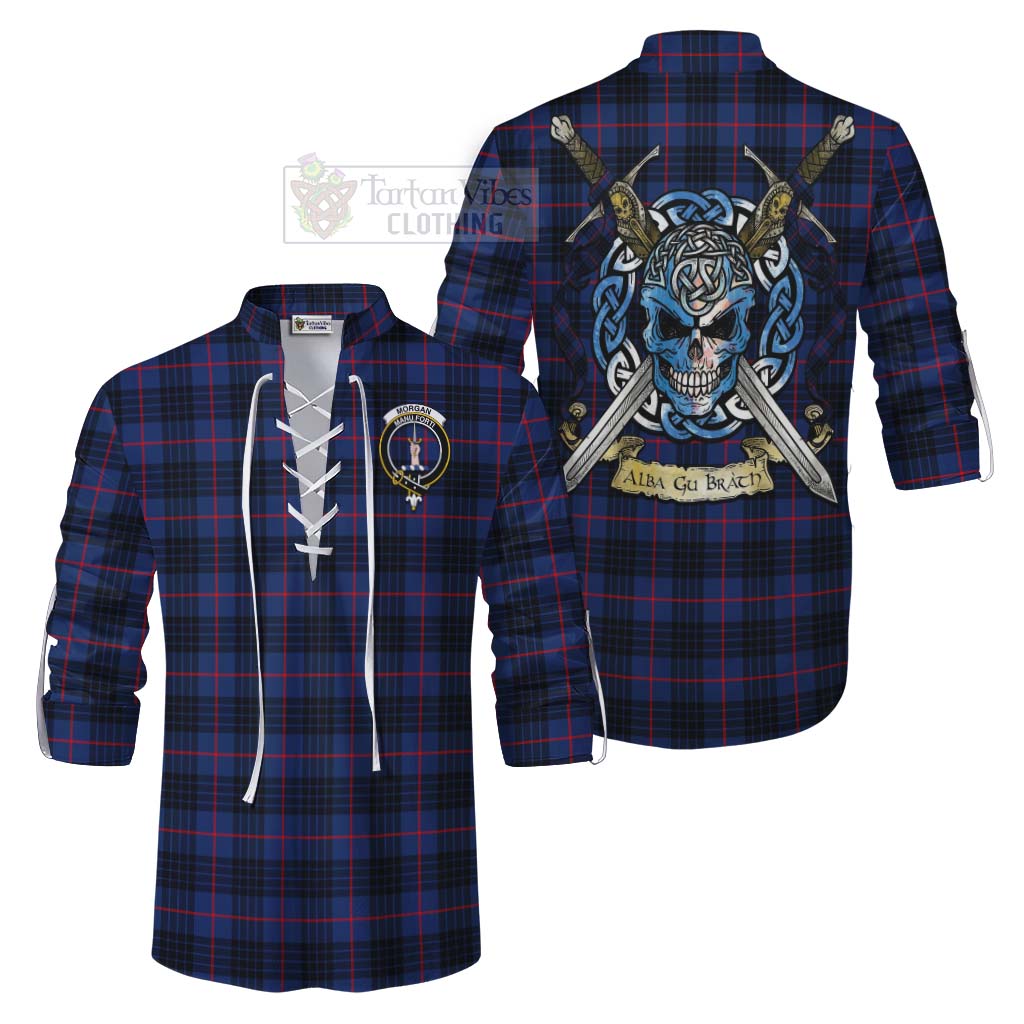 Morgan Tartan Ghillie Kilt Shirt with Family Crest Celtic Skull Style Men - Tartan Vibes Clothing