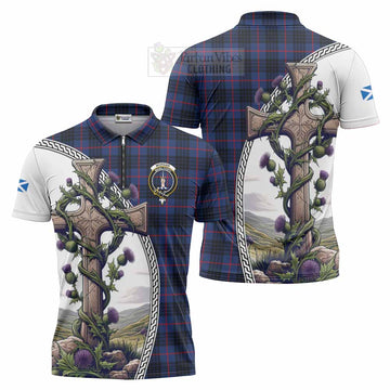 Morgan Tartan Zipper Polo Shirt with Family Crest and St. Andrew's Cross Accented by Thistle Vines Unisex - Tartan Vibes Clothing
