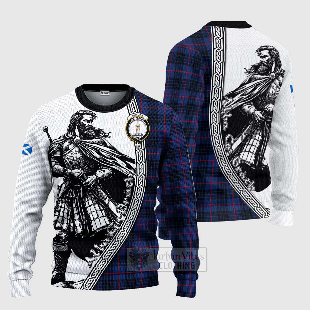 Morgan Tartan Clan Crest Knitted Sweater with Highlander Warrior Celtic Style Unisex - Tartan Vibes Clothing